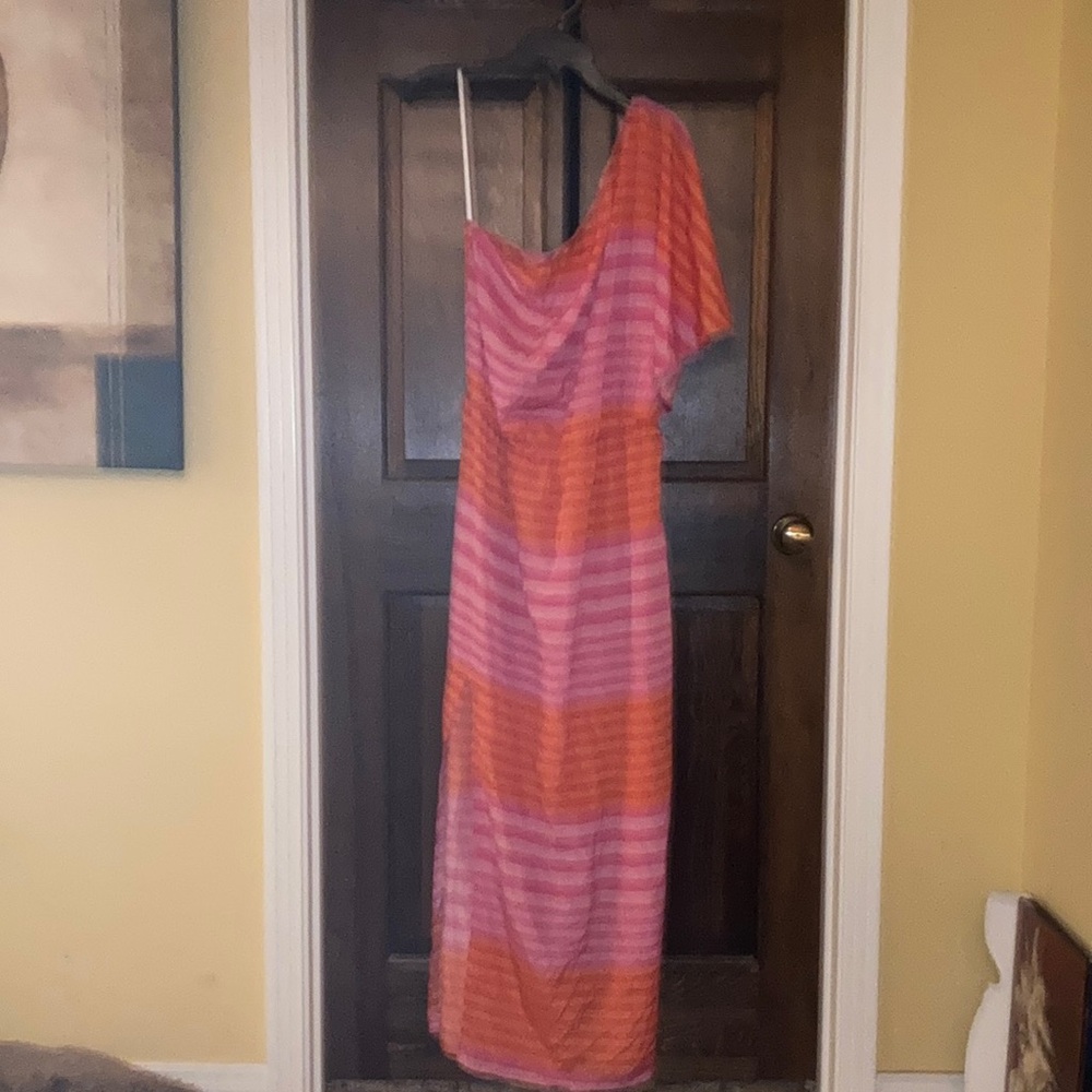 Mud Pie Vibrant One-Shoulder Dress in Pink and Orange